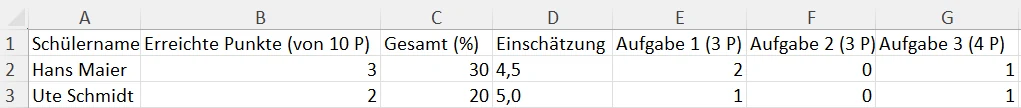 Exportierte Einschätzungsliste als Tabelle