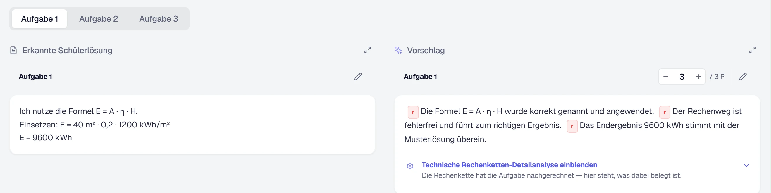 Prüfansicht, aus der eine Bewertung in den Erfahrungsschatz übernommen werden kann